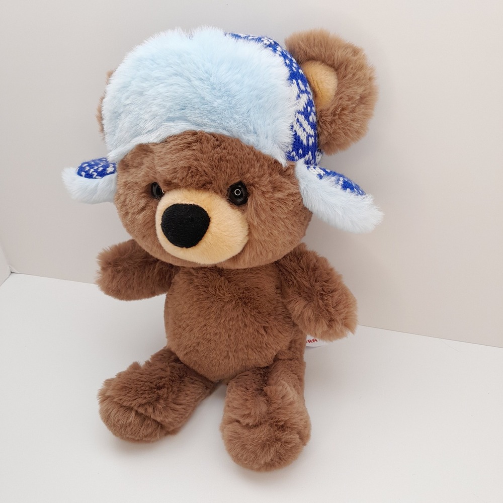 Aurora Brown Teddy Bear Plush Blue Knit Trapper Hat Winter Snowflake Stuffed Toy - Picture 2 of 6